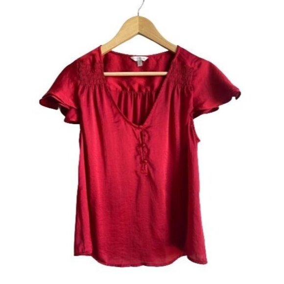 Lucky Brand Size Small Red Satin Top Flutter Sleeve Retro Preppy Vintage - Picture 1 of 5